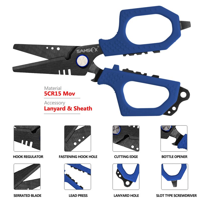 SAMSFX 6.5" Pro Fishing Shears Dual Serrated Blades, Fishing Braided Line Scissors with Titanium Coating, Non-Slip Grip & Multifunction Tool, Includes Hard Molded Locking Sheath & Coiled Lanyard