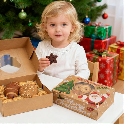 CHOUNYEE 24 Pack Christmas Cookie Boxes - 8.25"x6"x2.75" Brown Kraft Bakery Box with Window for Holiday Treats, Gift Exchange Box for Baked Goods, Cookie Tins with Lids for Gift Giving