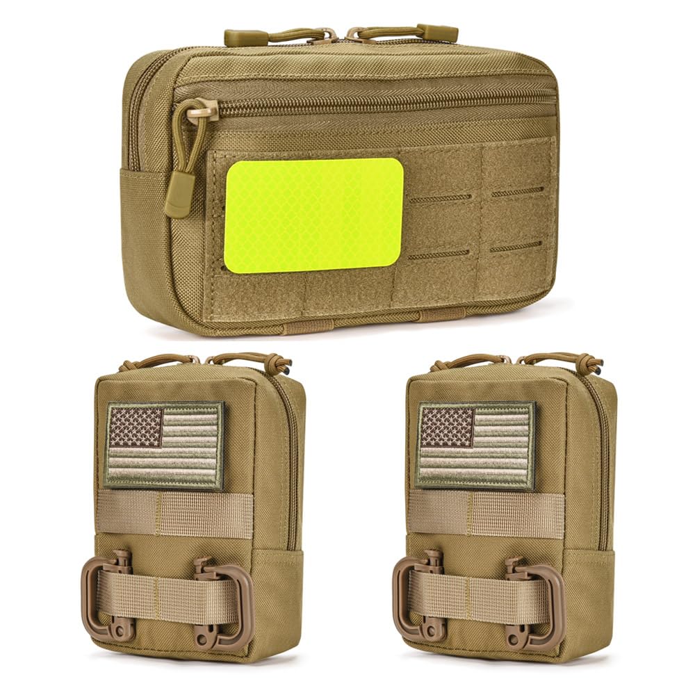 3 Pack Molle Pouches, Tactical Molle Admin Pouch Utility Laser Cut EDC Tool Pouch Bag Horizontal Modular Pouches (Tan)