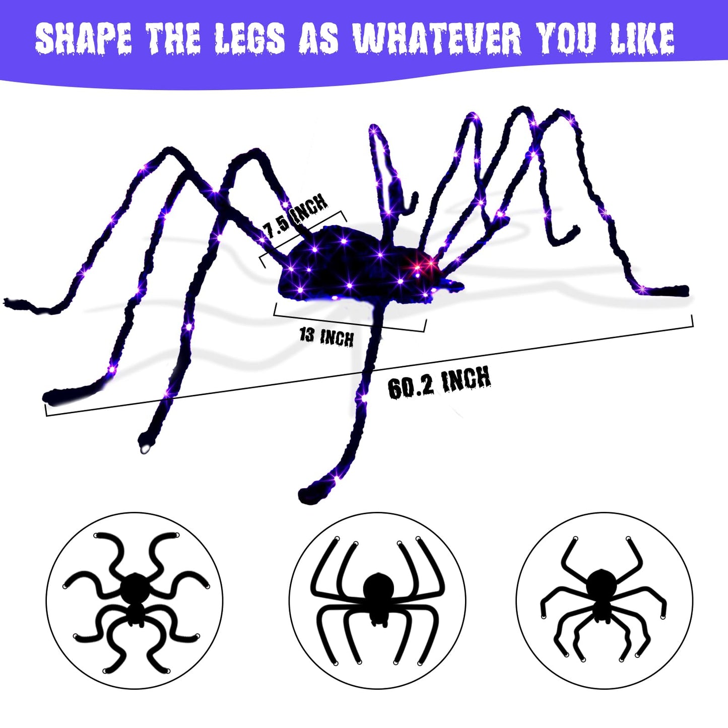EAMBRITE Halloween Decorations Outdoor 5FT Bendable Scary Giant Spider with 83LT Purple Lights Black Fake Spider for Halloween Indoor Outdoor Yard Home Parties Creepy Décor