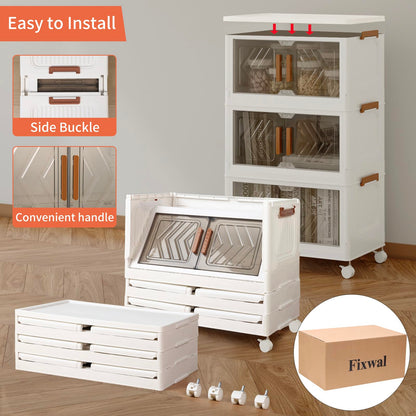 Fixwal 44QT Stackable Storage Bins with Lid, Closet Organizers and Storage with Lockable Wheels, Plastic Foldable Box Containers for Cabinet, Office, Bedroom Organization, 3 Pack Cubes