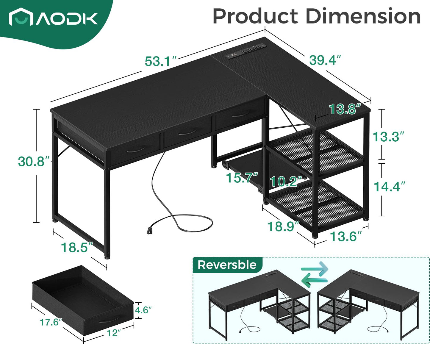 AODK 53 Inch L Shaped Computer Desk with Drawers, Corner Desk with Power Outlets & Reversible Storage Shelves, Movable CPU Stand for Home Office Gaming, Black