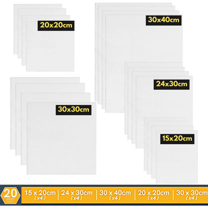 ARTME 20pcs Canvas Panels (15x20-4pk, 24x30-4pk, 30x40-4pk, 20x20-4pk, 30x30-4pk) 3mm Blank Artist Canvas Board / 280GSM/ 100% Cotton/Triple Primed/Acid Free/Medium Grain- Acrylic & Oil Painting