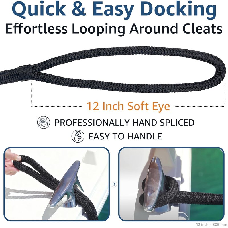 PACTHSD 4 Pack 1/2" x 20' Dock Lines - Marine Grade Nylon Boat Ropes with 12" Eyelet for Docking and Mooring - Double Braided Boat Lines, High Strength, Easy Handling, Fray Resistant - Black