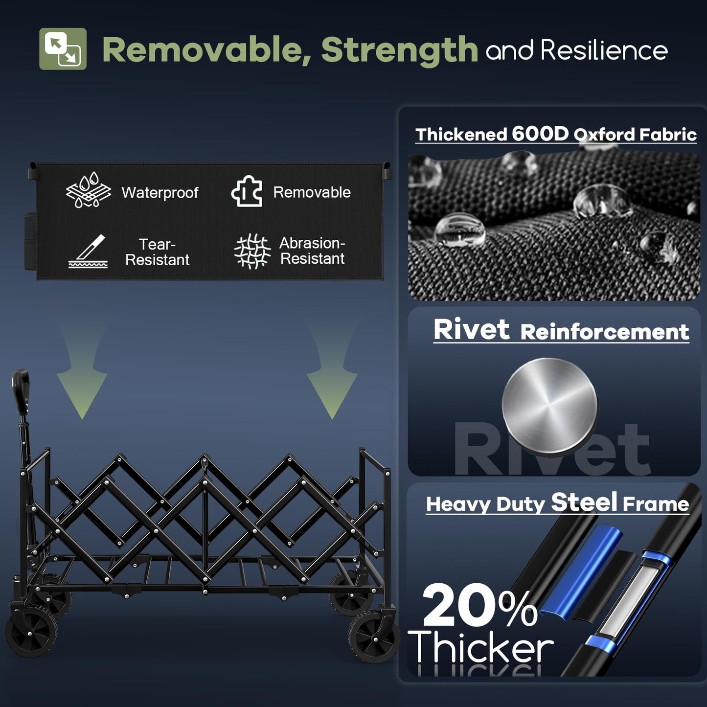 Hikemoon 34'' Extra Long Collapsible Wagons Carts Foldable, 360LBS Heavy Duty Folding Beach Wagon Cart with Wheels, Portable Utility Outdoor Wagon for Grocery, Shopping, Garden, Sports, Camping, Black