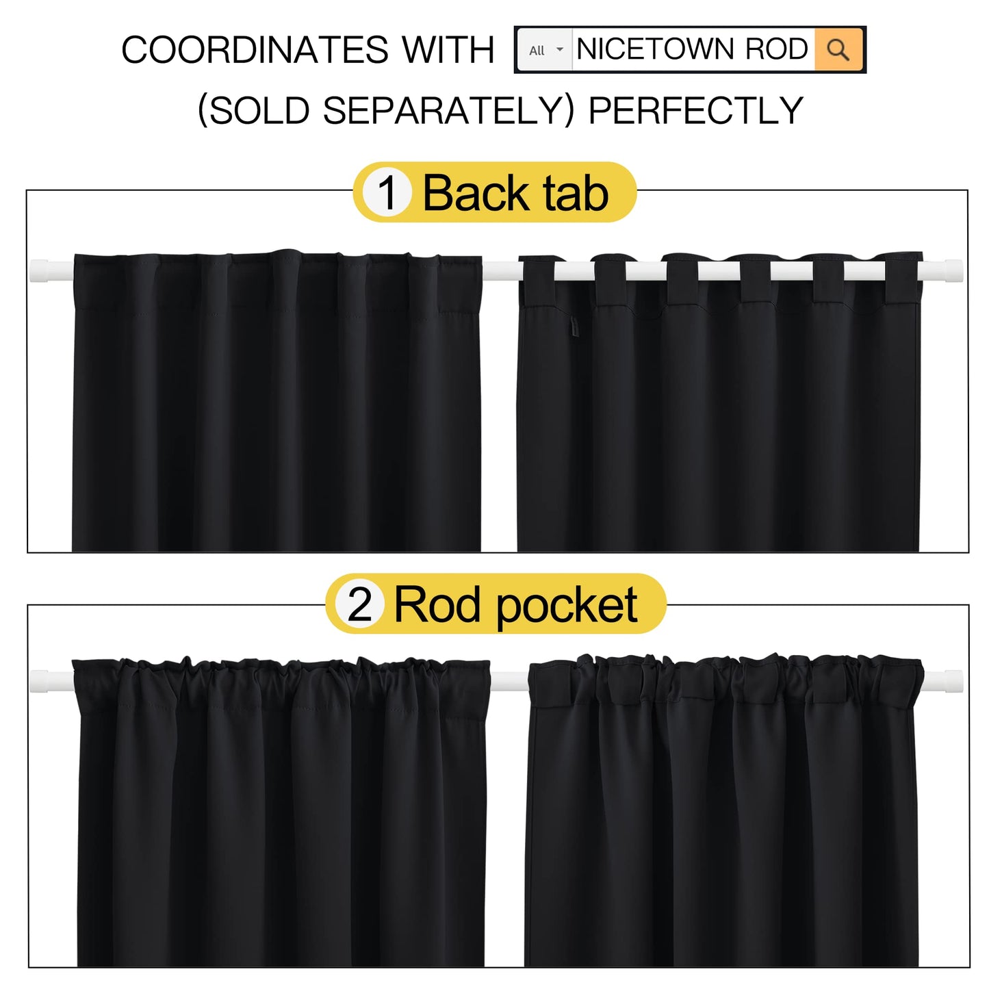 NICETOWN Halloween Black Blackout Living Room Curtains 84 inches Long, Black Out Curtain Panels for Bedroom - (Black Color) W52 x L84, 1 Pair, Thermal Insulated Blackout Draperies Window Treatment