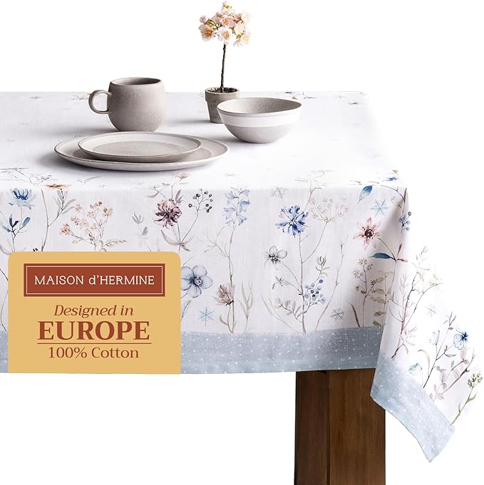 Maison d' Hermine Table Cloth Rectangle Table 100% Cotton 60 x 90 Inches Fall Tablecloth Reusable Everyday Use for Thanksgiving Christmas Decorations Dining Farmhouse Party (Ice Florals)