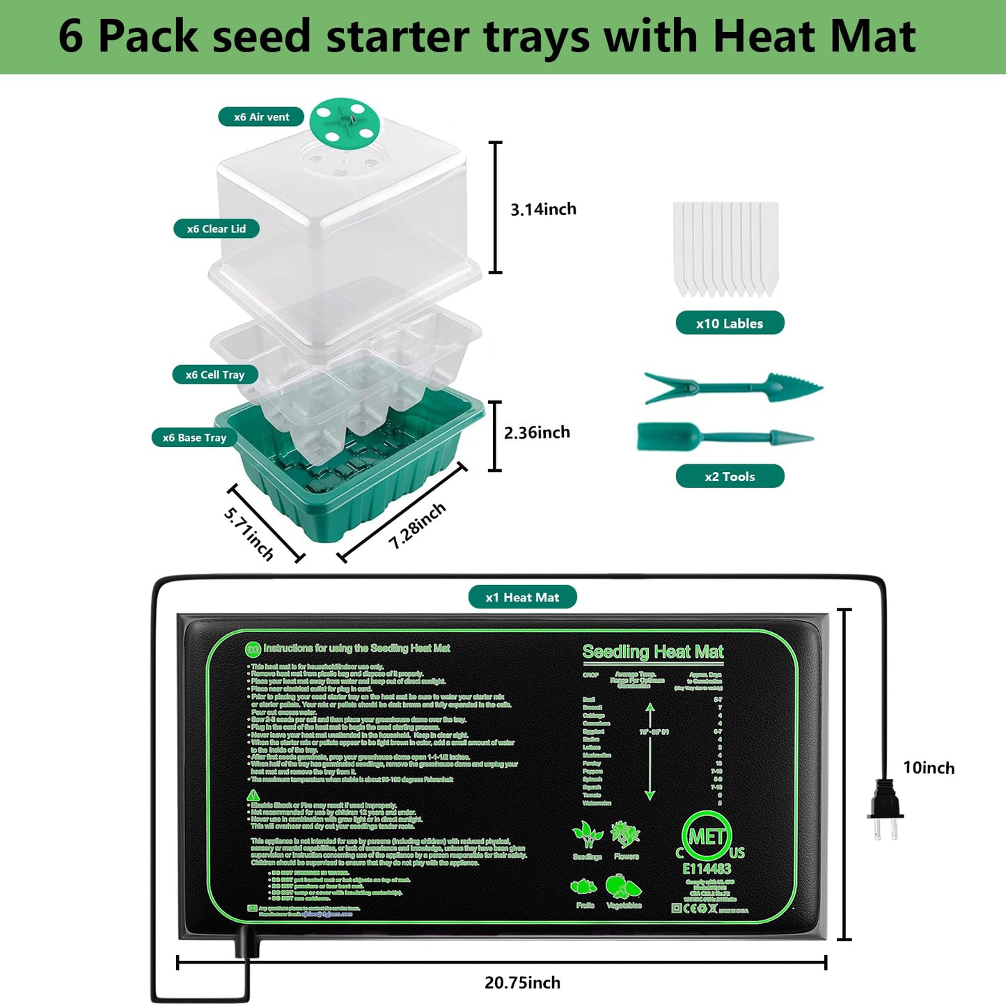 6-Pack Seed Starter Trays with 10"x20.75" Seedling Heat Mat for Indoor Home Gardening Seed Starting, 72-Cell Seed Starter Kit with Humidity Dome(12 Cells per Tray), MET Certified