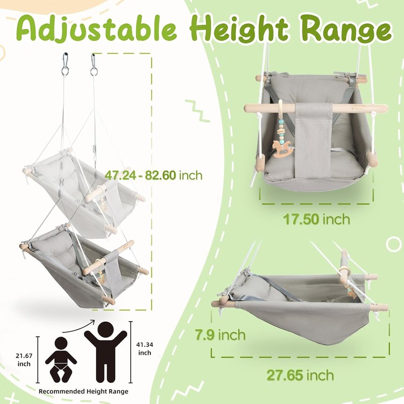 Baby Swing - Indoor & Outdoor Canvas Hammock for Toddlers | Comfortable Seat, Adjustable 5-Point Harness, Grey