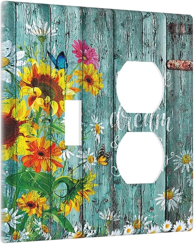 Decorative Light Switch Cover Plate Rustic Vintage Wood Planks Sunflower Butterfly 2 Gang Outlet Covers 1 Toggle 1 Duplex Wall Plate Decorate Electrical Switch Plate Covers for Bathroom Home Decor