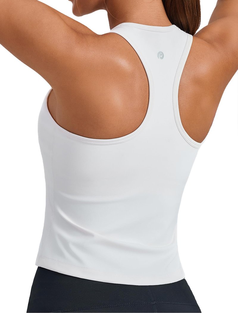 PINSPARK Racerback Tank Tops for Women Tight Workout Tops with Built in Bras Crew Neck Yoga Tops Sleeveless Pilates Shirt，White M