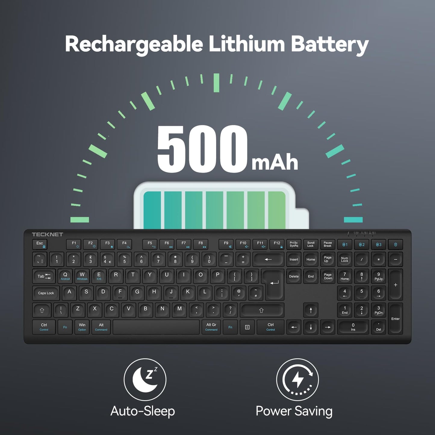 TECKNET Wireless Keyboard, Rechargeable 2.4GHz USB Bluetooth Keyboard for 4 Multi Devices, Ultra Slim Full Size UK Layout Keyboards for Computer, Laptop, Tablet, Desktop, Phone (Black)