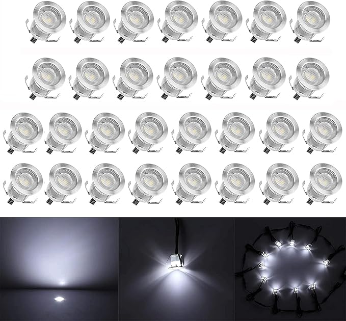 Low Voltage LED Deck Light Kit Stainless Steel Waterproof Recessed Wood Decking Stairs Garden Yard Patio Decor Lamp Outdoor LED Lighting (Cool White, 30pcs)