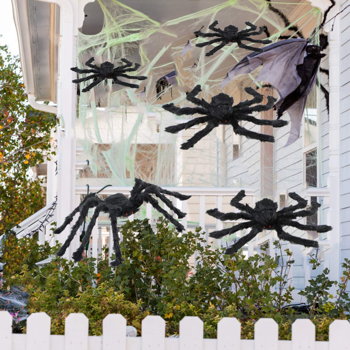 BEIGUO 5pcs Halloween Spider Set: Giant Hairy Spider with Red Eyes, Bendable Legs - Scary Decorations for Patio, Yard, Garden, House (30", 20", 12")