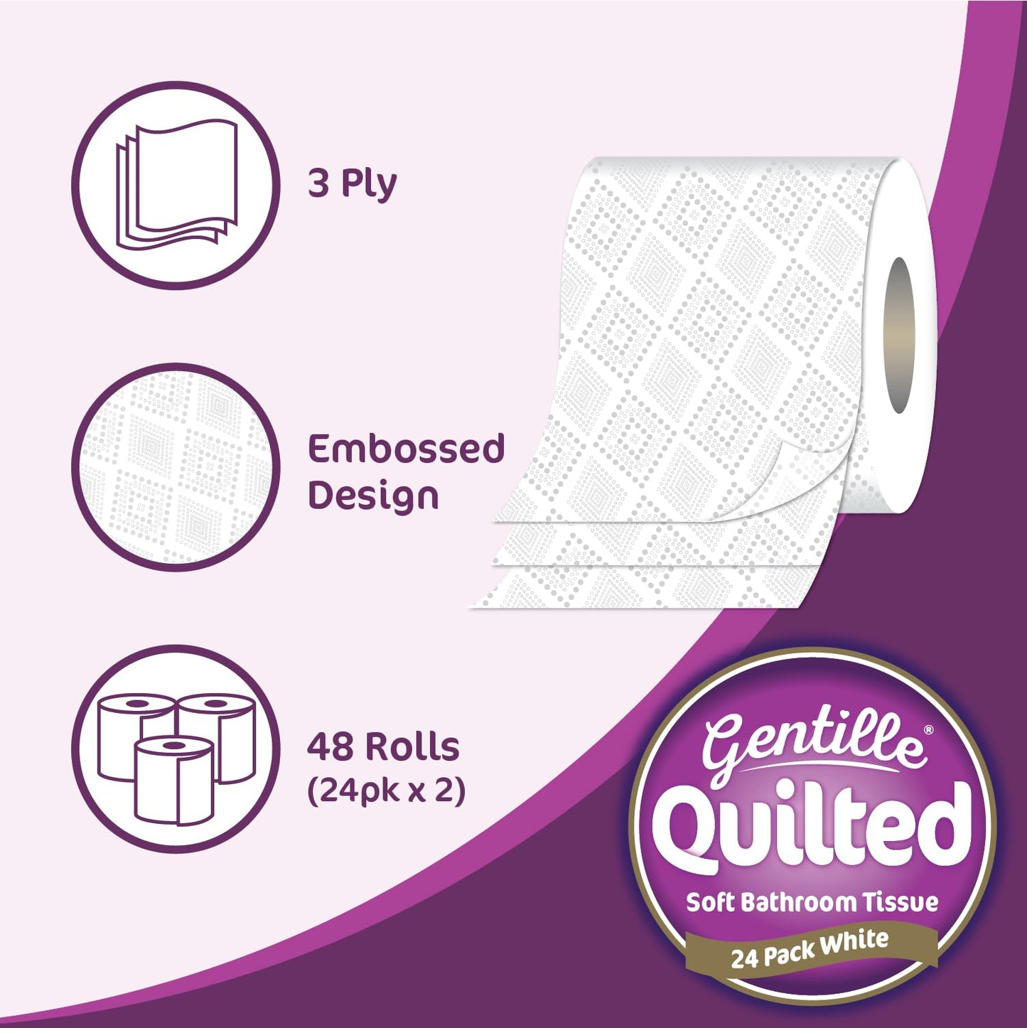 Gentille Quilted Bathroom Tissue Rolls | Luxury 3-Ply Toilet Paper Soft, Strong & Sustainable | UK Made (48)