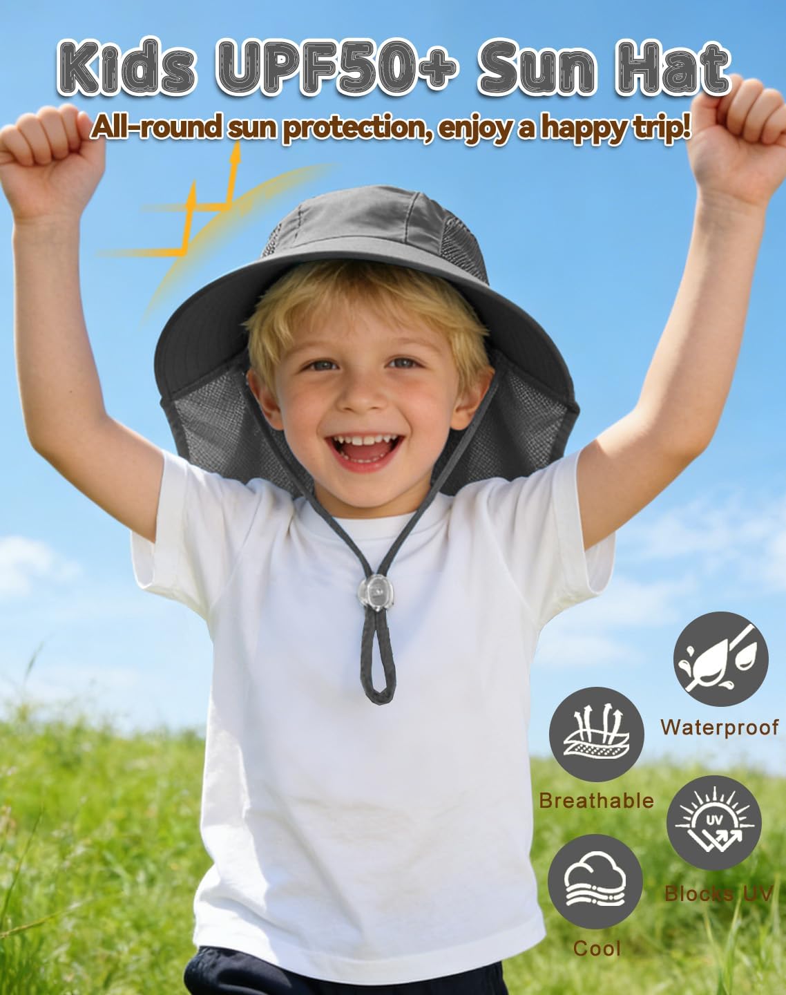 Rosoz Kids Sun Hat with Neck Flap UV Protection Summer Toddler Beach Hat Unisex Ponytail Hat Wide Brim Fishing Hat-Dark Grey