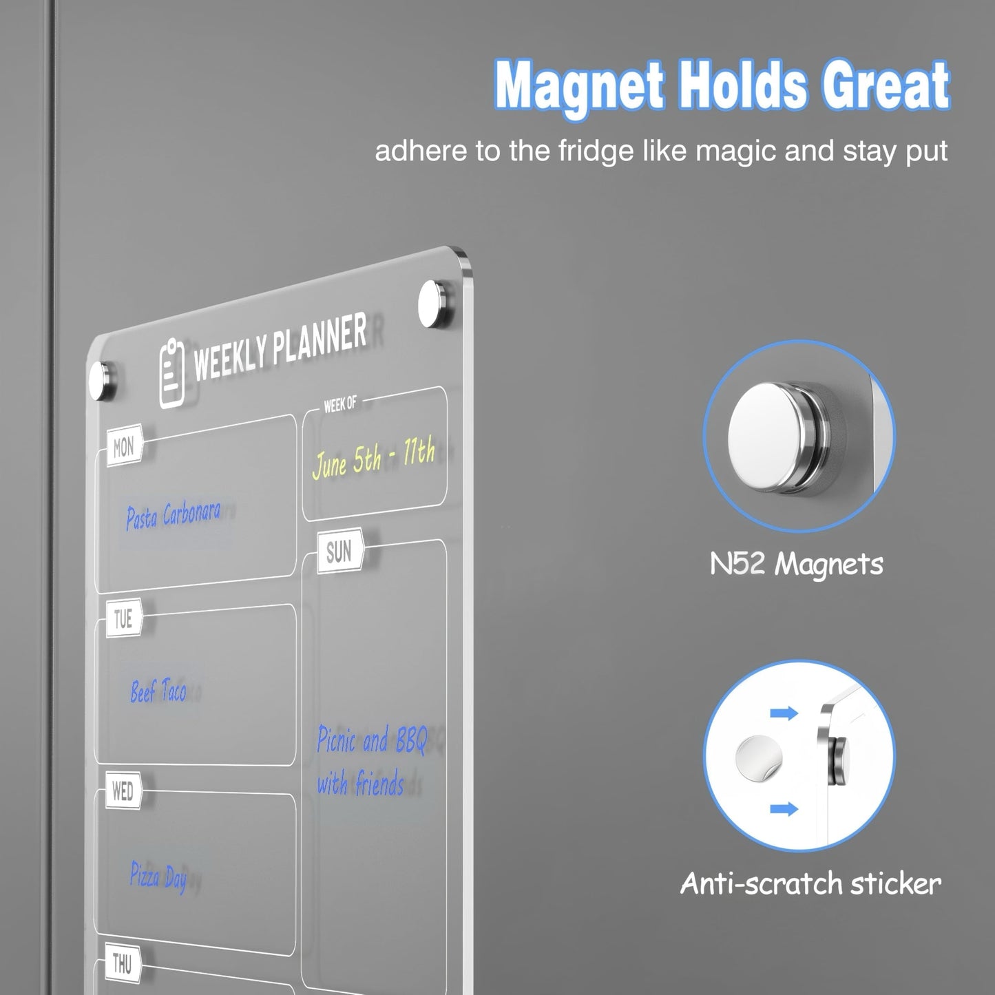Langaelex 2 Set of Magnetic Weekly Planner for Fridge - Acrylic Meal Planner Boards with 6 Chalk Markers for Kitchen Home, Food Planning, Shopping List - A4 (20 x 30 cm)