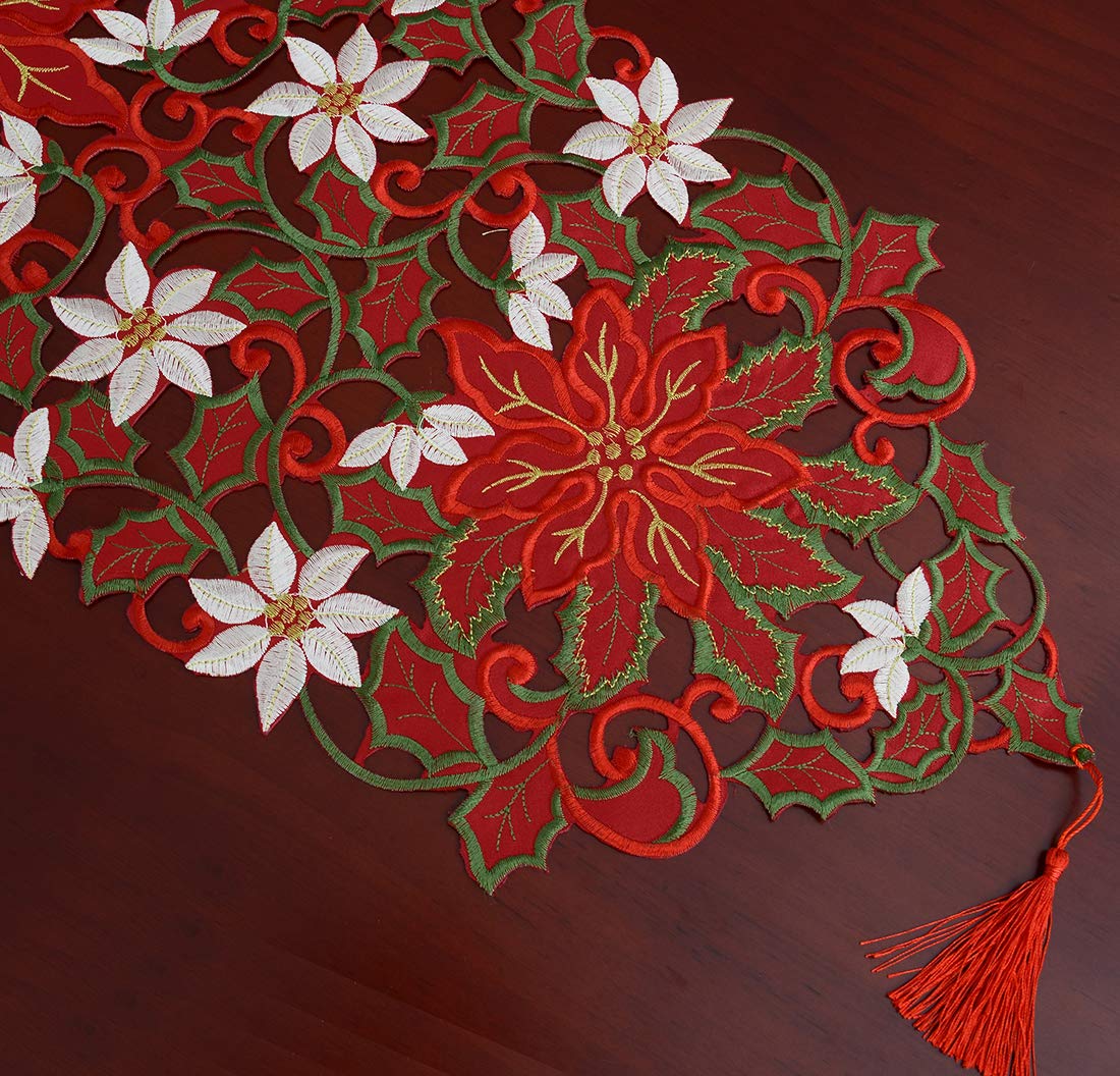 Simhomsen Large Embroidered Christmas Holiday Red Poinsettia Table Runners 13 × 120 Inch
