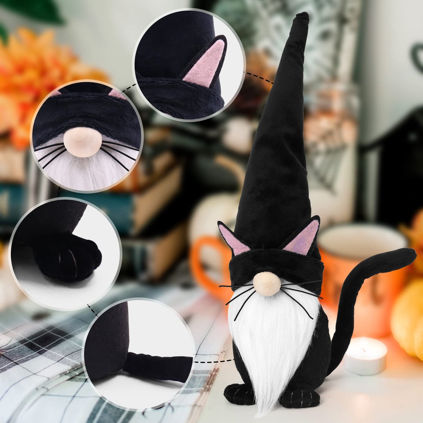 Upltowtme Black Cat Gnome Plush 13.5" Handmade Scandinavian Tomte Figurine Spring Farmhouse Decor Ideal Gift for Women and Cat Lovers