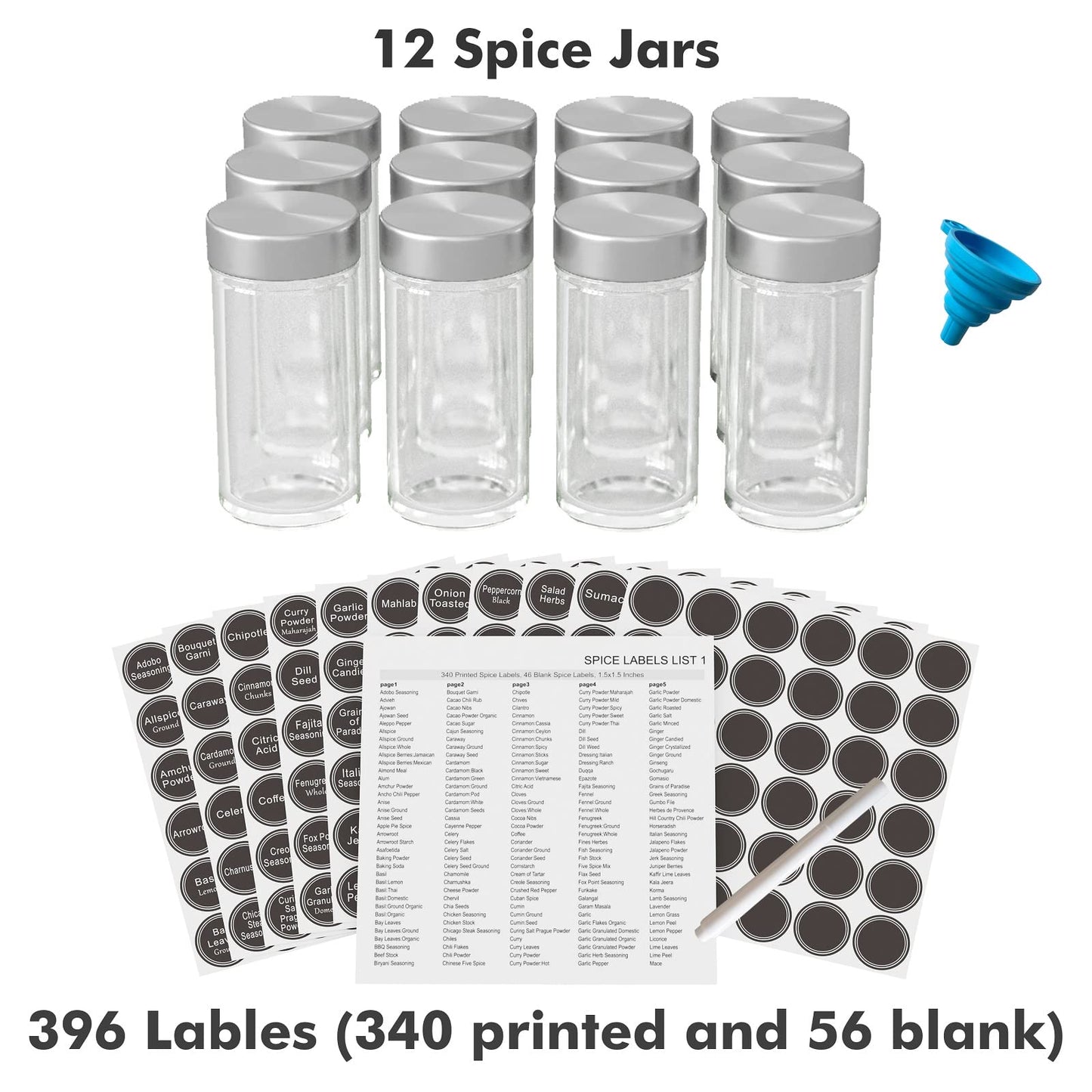 Revolving Spice Rack Set with 20 Spice Jars, Kitchen Spice Tower Organizer for Countertop or Cabinet -- Carousel Storage Includes 386 Spice Labels -- Desktop Rotating Seasoning Organizer