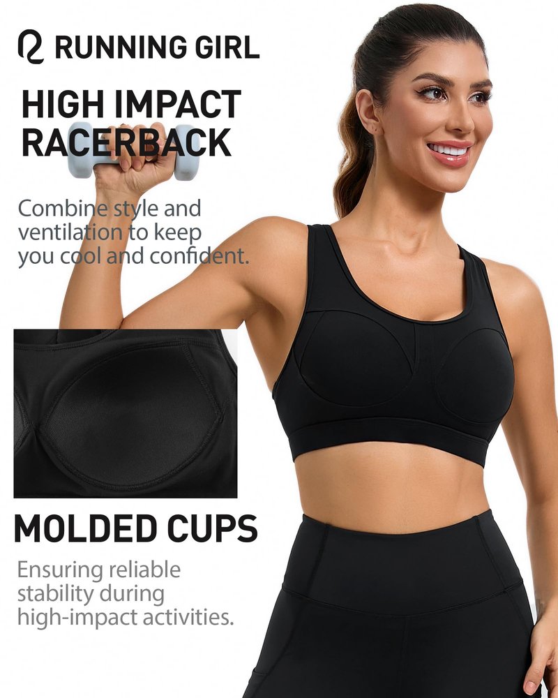 RUNNING GIRL Sports Bras for Women High Support Moulded Cup High Impact Sports Bras Racerback Workout Running Yoga Bra(WX3045 Black L)