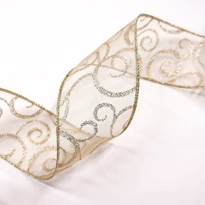 CT CRAFT LLC Organza with Champagne Gold Glitter Swirls Wired Ribbon 2.5 inch x 50 Yards for Christmas Home Decor Tree Topper Bow Gift Wrapping DIY Crafts Wreath Garland Wedding