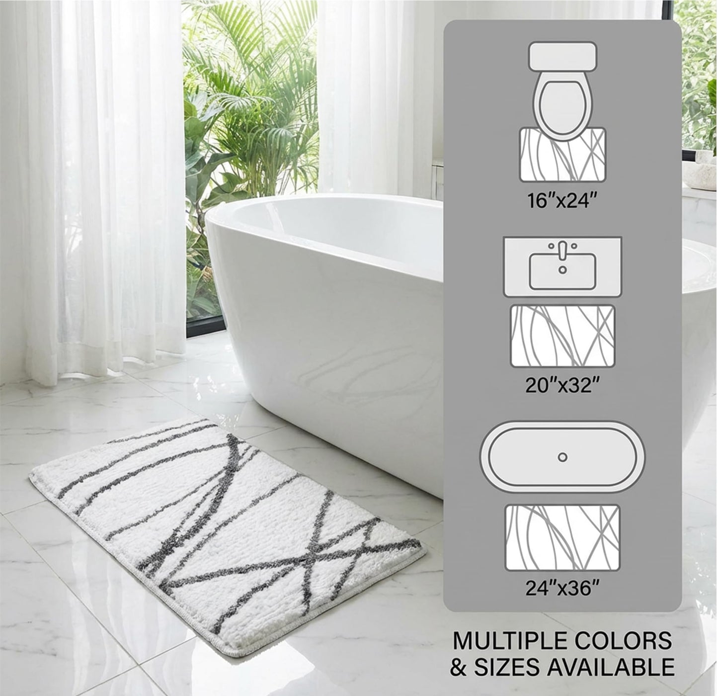 Tititex Luxury White Grey Curve Line Bathroom Rug, 16x24 inch Classic Extra Soft and Absorbent Microfiber Bath Rugs, Non-Slip Plush Shaggy Bath Carpet, Bath Mat for Bathroom, Tub and Shower