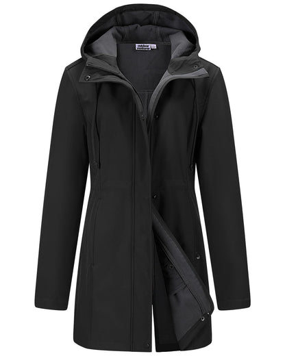 Outdoor Ventures Softshell Jacket Ladies Rain Jacket Functional Lightweight Rain Coat Windbreaker Waterproof Hiking Jacket Breathable Outdoor Jacket with Hood for Spring Fall Winter Black L