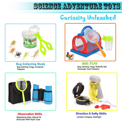 ESSENSON Outdoor Explorer Kit & Bug Catcher Kit with Binoculars, Compass, Magnifying Glass, Critter Case and Butterfly Net Great Toys Kids Gift for Boys & Girls Age 3-12 Year Old Camping Hiking