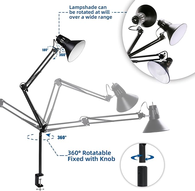 2 Pack Desk Lamp w/A19 E26 LED Bulb for Home Office Eye-Caring Metal Extra Tall Swing Arm High Intensity Clamp Flexible Gooseneck Side Table Working Reading Computer Workbench 5000K White Light
