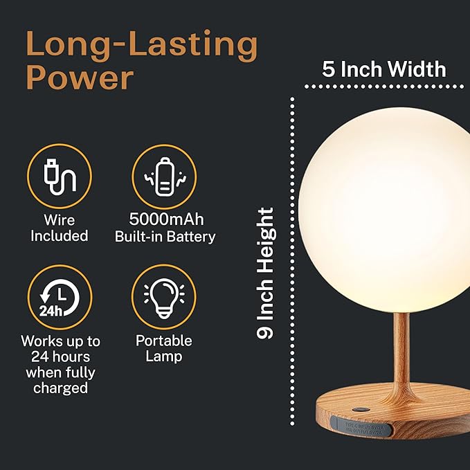 Outdoor Battery Operated Table Lamp & Power Bank - 5000mAh Rechargeable Battery Powered, Touch Dimmable, 3 Color Temperatures, IP44 Waterproof Lamp for Home, Patio Use - 9.6 In Modern Wood Grain Globe