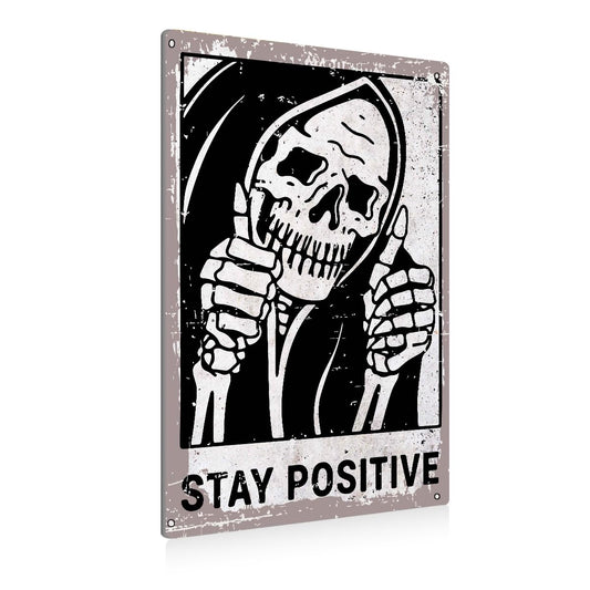 BEASTZHENG Vintage Stay Positive Skull Sign Metal Tin Sign Wall Décor Funny Retro Sign for Home Living Room Bedroom Halloween Decor Gifts - 8x12 Inch