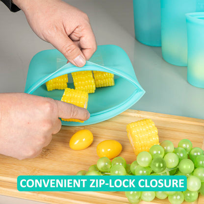 Reusable Food Bags, 12 Pack 100% Silicone Food Storage Bags Stand Up Zip Lock Container, Freezer Microwave Oven Dishwasher Safe, 4 Medium 4 Small 4 Extra Small, Aqua
