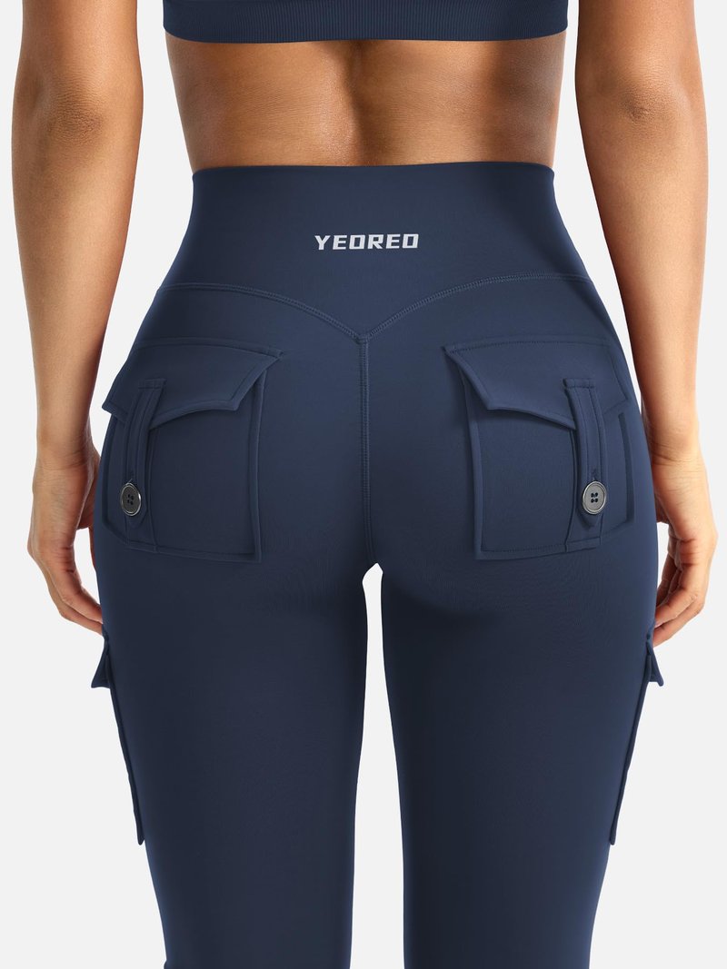 YEOREO CoreFlex Women Workout Flare Leggings with Pockets Hidden Scrunch High Waisted Cargo Gym Yoga No Front Seam Leggings Blue Navy L