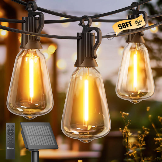 Brightown Outdoor Solar String Lights Waterproof 58FT with 25 Shatterproof ST38 LED Bulbs, 2700K Solar Lights Outdoor with Remote, Solar String Lights for Outside, Camping, Yard, Party Decor
