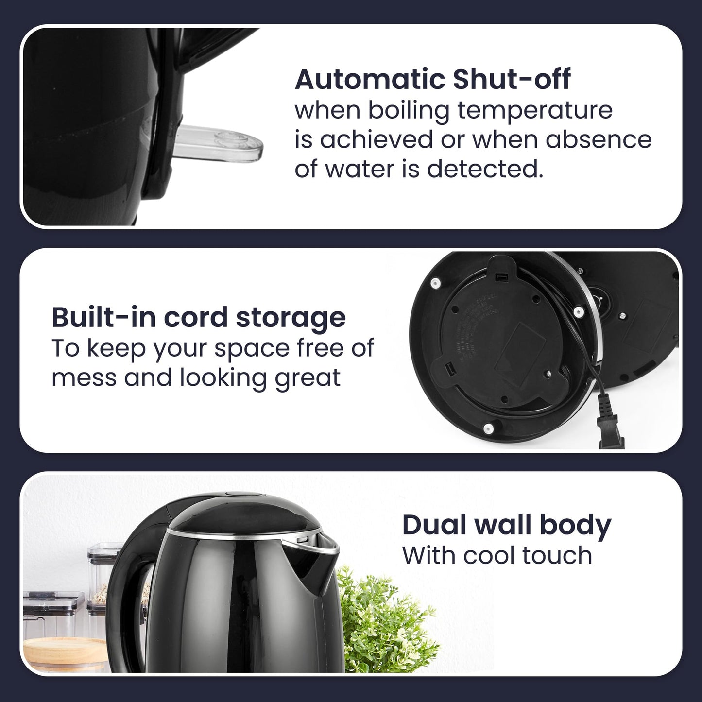 Elite Gourmet EKT1821 1.8L Double Wall Insulated, Cool-Touch 1500W Kettle w/Stainless Steel Interior & Lid, 360° Swivel Base for Cord Free Serving, Power On Lever, Auto Shut-Off, Boil Dry, Black