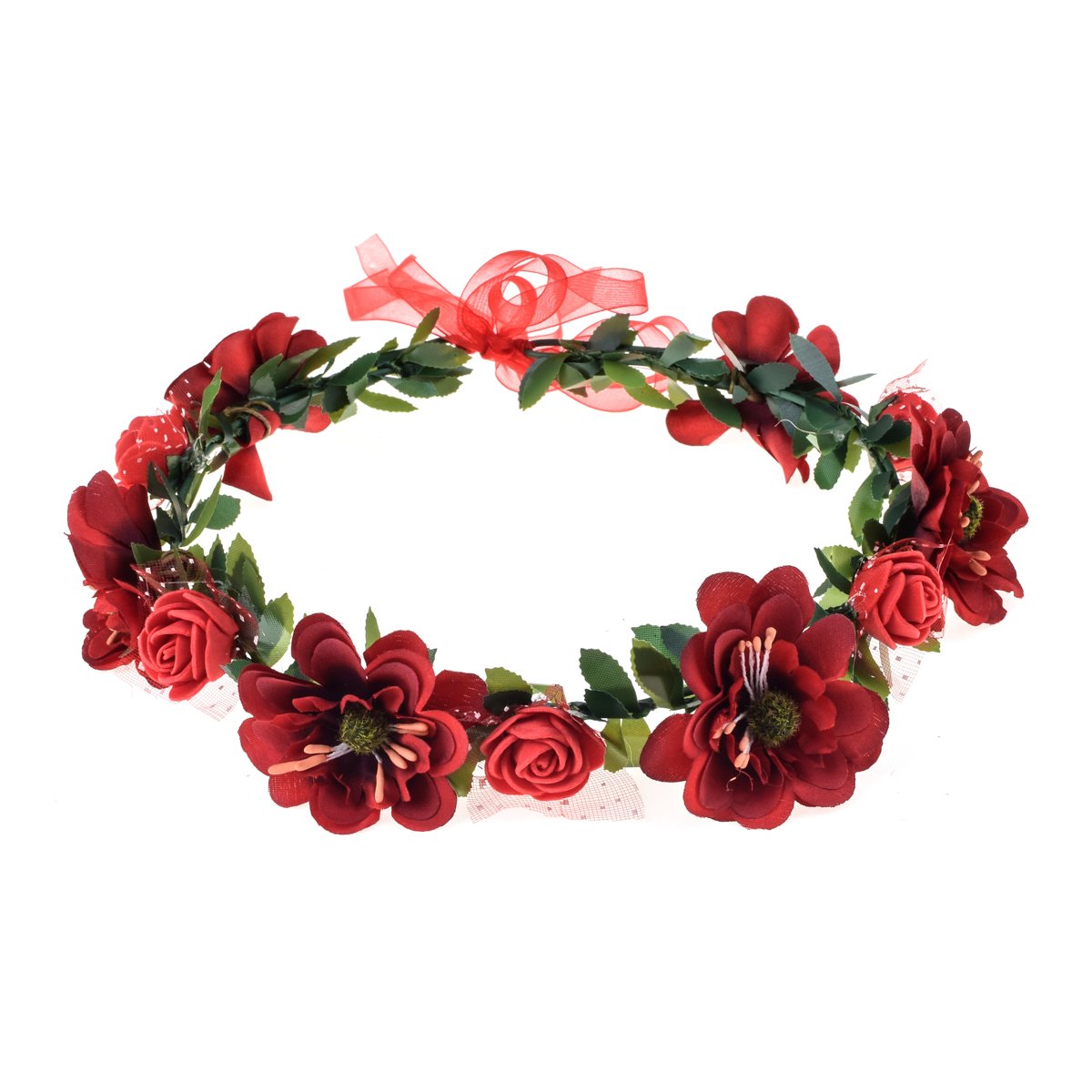 June Bloomy Rose Flower Leave Crown Bridal Halo Headband with Adjustable Ribbon (Red)