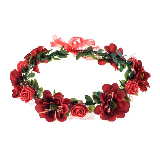 June Bloomy Rose Flower Leave Crown Bridal Halo Headband with Adjustable Ribbon (Red)