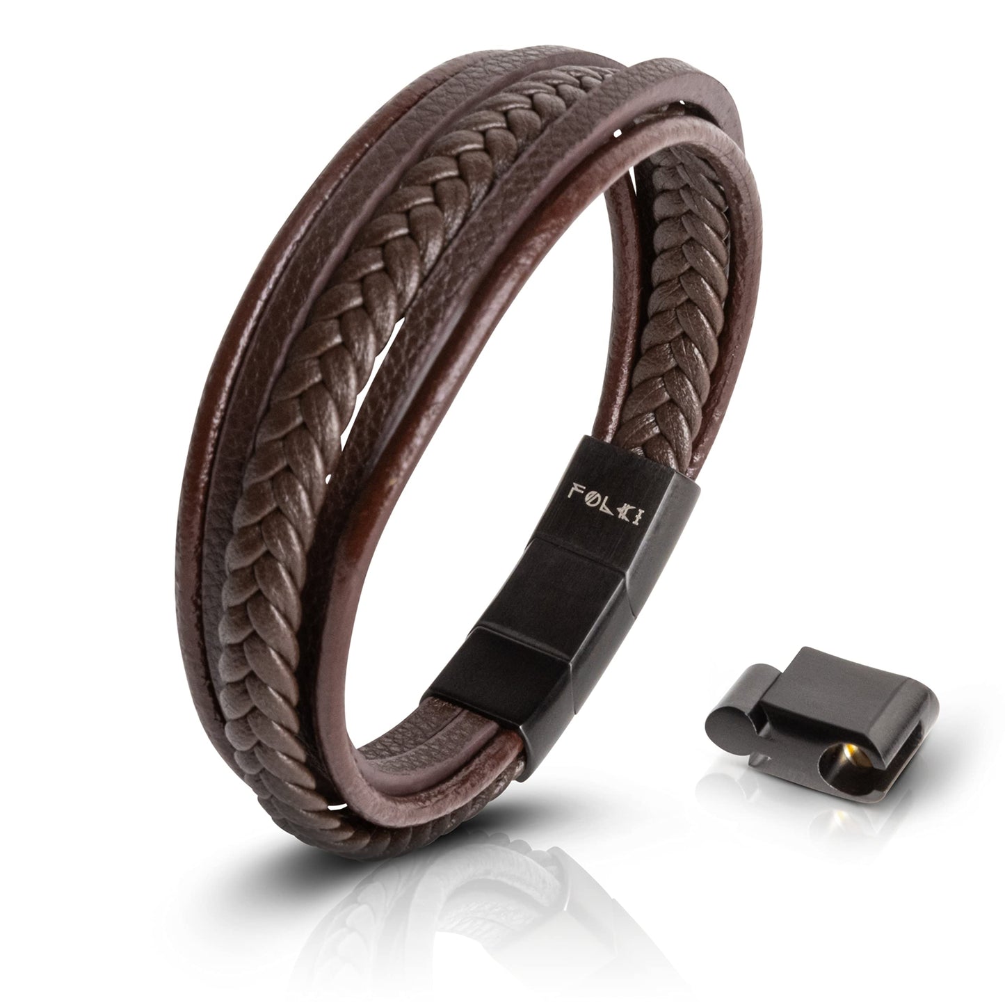 FOLKI Men's Leather Bracelet in Black and Brown - Stainless Steel Magnetic Clasp - Leather Wristband for Men - Jewellery for Men with Premium Box - Best Gift Ideas for Men