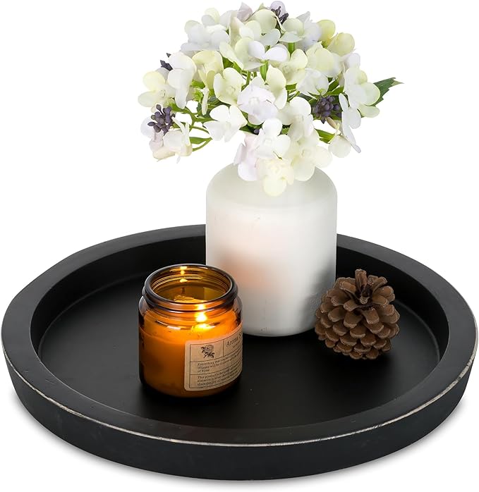 Hanobe Black Round Decorative Coffee Tray Wooden Trays for Coffee Table Centerpieces Dining Room Circle Wood Ottoman Serving Tray for Bathroom Kitchen Counter Candle Holder