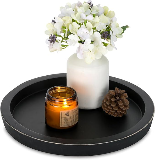 Hanobe Black Round Decorative Coffee Tray Wooden Trays for Coffee Table Centerpieces Dining Room Circle Wood Ottoman Serving Tray for Bathroom Kitchen Counter Candle Holder