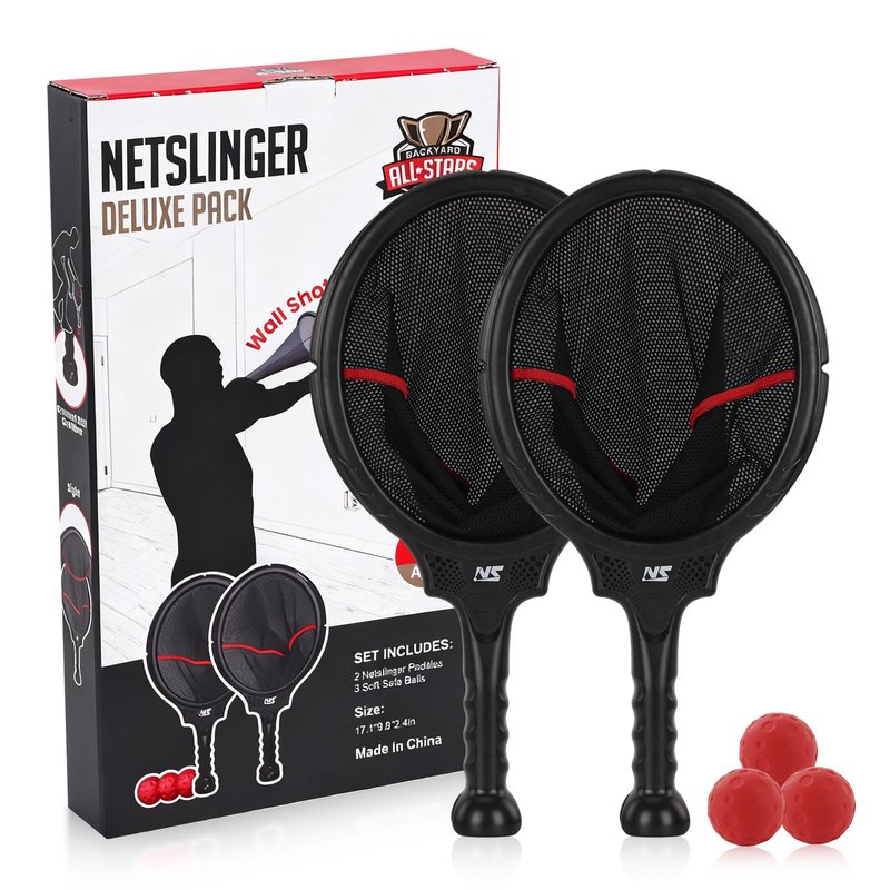 Slingshot Scoop Ball Set - Family Party Game, Play Solo or with 2 Players, Indoor & Outdoor Sports Toy for Adults & Teens, Includes 2 Netslinger Rackets, 3 Balls