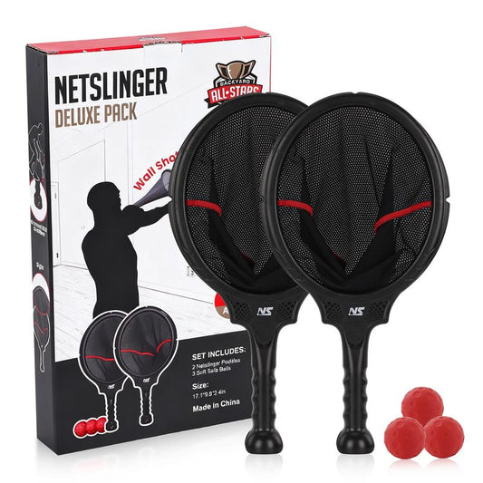 Slingshot Scoop Ball Set - Family Party Game, Play Solo or with 2 Players, Indoor & Outdoor Sports Toy for Adults & Teens, Includes 2 Netslinger Rackets, 3 Balls