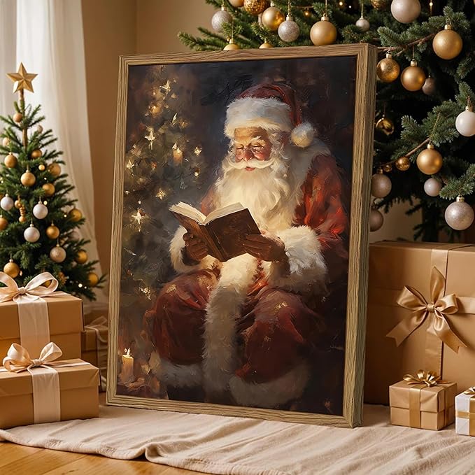 Framed Vintage Christmas Canvas Wall Art, Santa Claus Reading Book Paintings Wall Decor, Rustic Winter Holiday Pictures Prints for Living Room Bedroom Home Decoration 12×16 inch