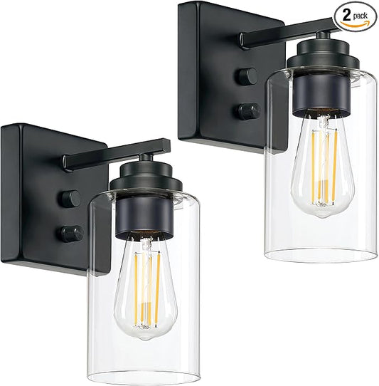 Wall Sconces Set of Two, Wall Mounted Bedside Lamps with Rotary Switch, Matte Black Sconces Wall Lighting, Bathroom Light Fixtures with Clear Glass Shade, Wall Lights for Bedroom Living Room