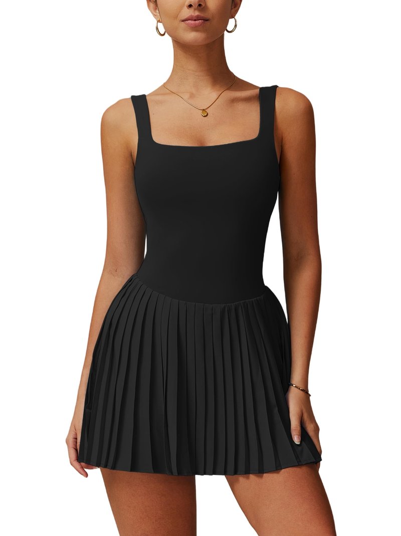 ABOCIW Tennis Dress with Built Shorts Square Neck Pleated Athletic Dress Sleeveless Backless Workout Golf Dress Summer Mini Dresses for Women Black Medium