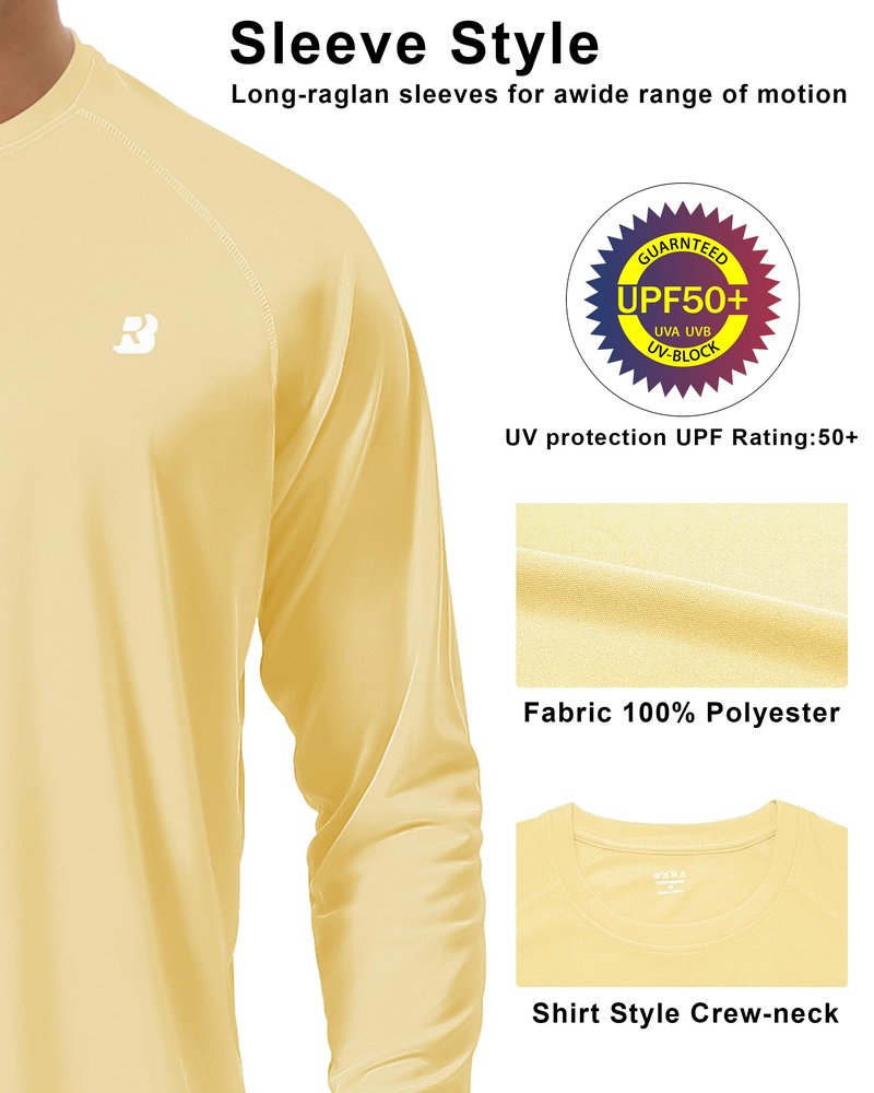 Roadbox Mens UPF 50+ Long Sleeve SPF Diving Rash Guard UV Sun Protection Shirts for Outdoor Fishing Hiking Swimming Running Yellow