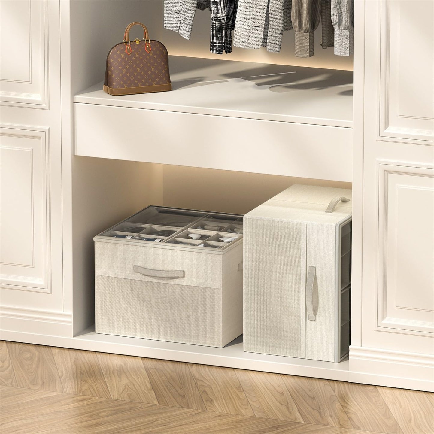 Aokeyee Shoe Organizer for Closet,2 Pack Foldable Shoe Storage Organizer Box Bin with Adjustable Dividers and Clear Cover, Fits up to 16-32 Pairs (Beige)