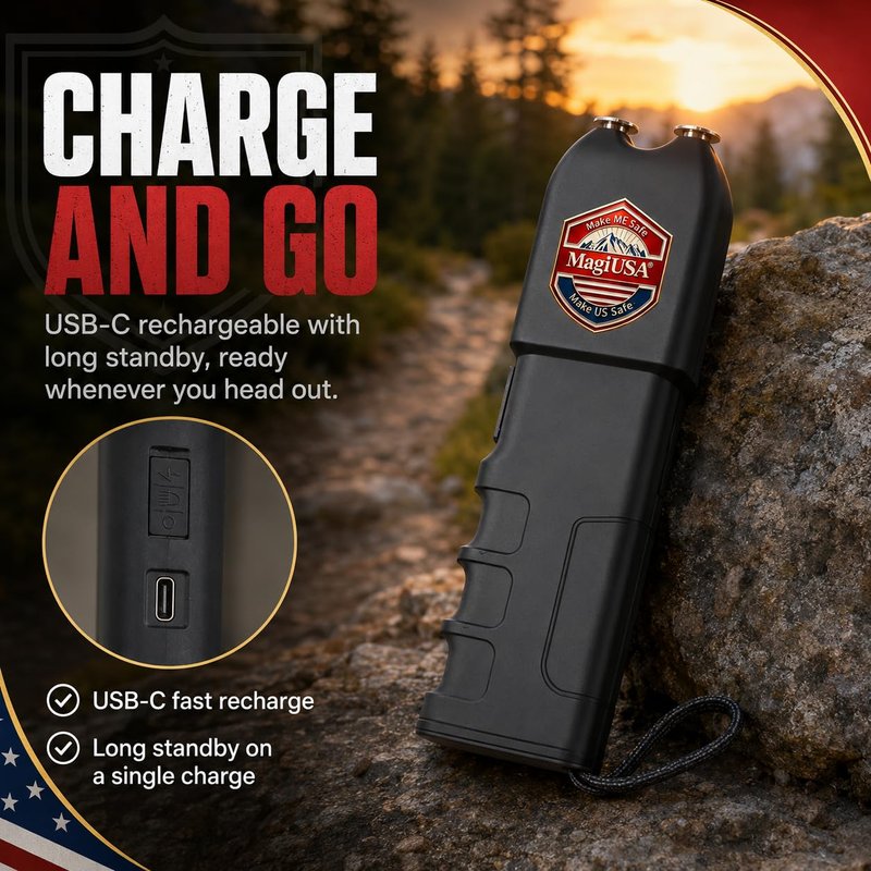 989 MagiUSA Rechargeable Stun Gun for Self Defense, LED Flashlight, Black