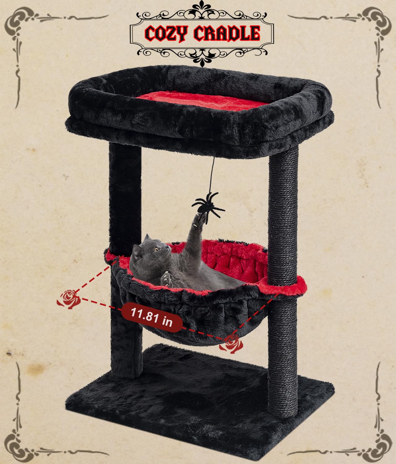 SYANDLVY Gothic Cat Tree with Coffin Bed for Indoor Cats, Activity Cat Tower with Scratching Post for Kittens, Cat Condo Furniture with Basket & Spider Hanging Ball for Play Rest